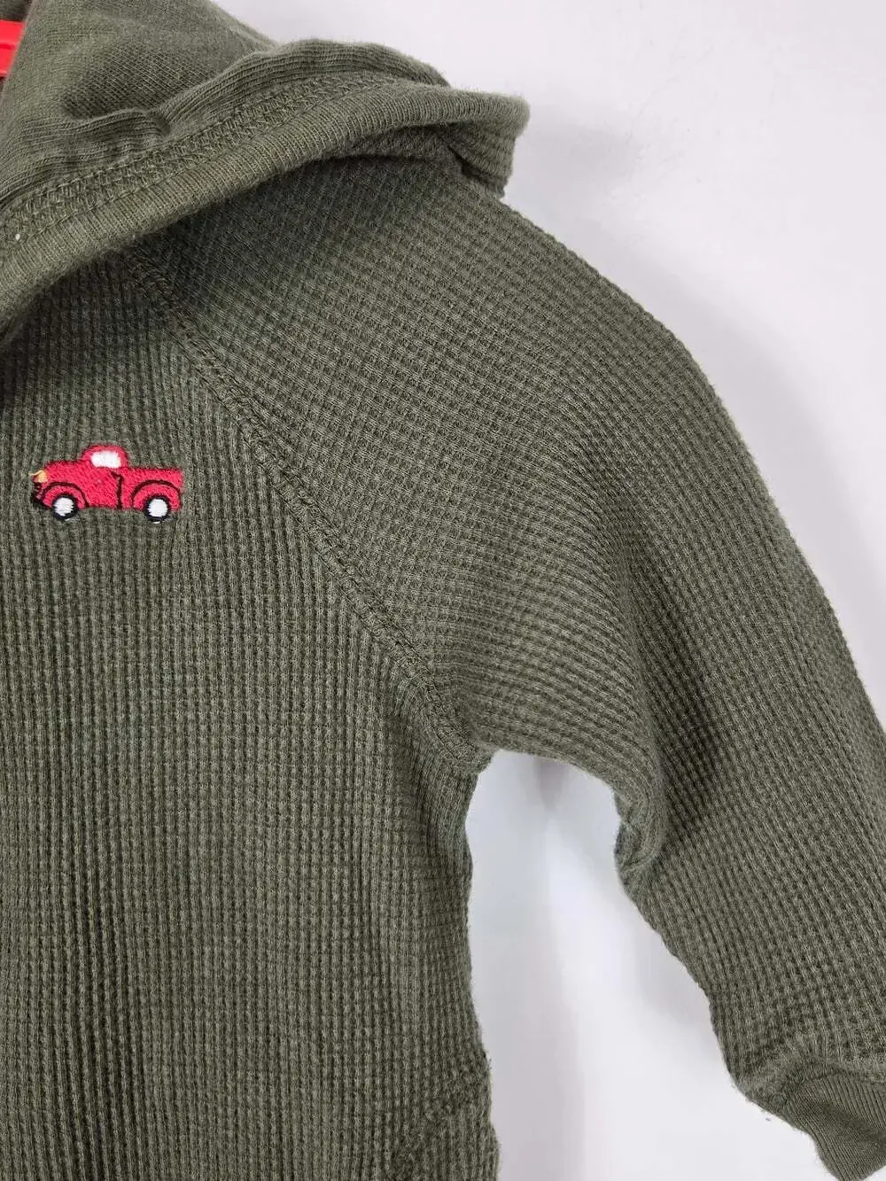 Gymboree Baby Hooded Coverall 6-12M Olive Green Waffle Knit Truck 2008
